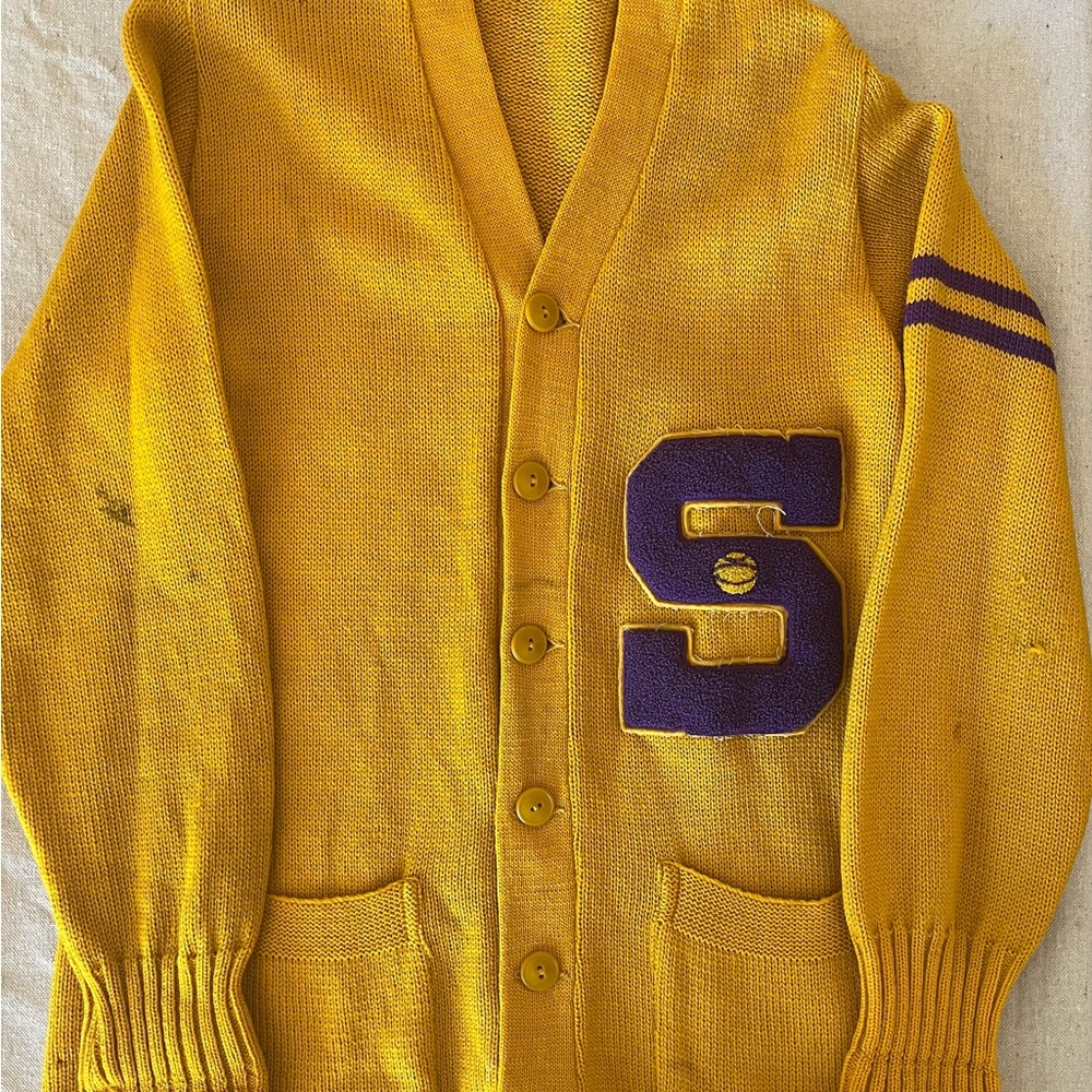 Vintage Yellow and Purple Varsity Letterman Cardigan Sweater- Basketball Size L